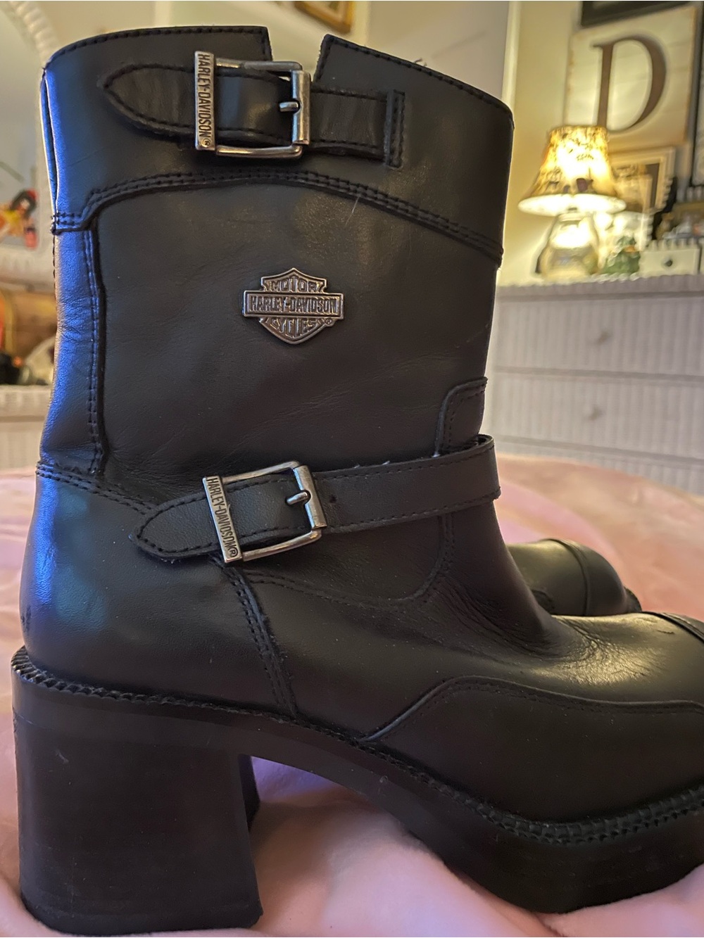 Harley-Davidson Black Leather Buckle Mid-Calf Heeled Boots - Picture 7 of 11